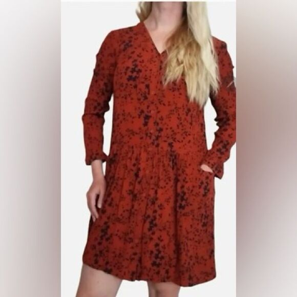 Garnet Hill Shirtdress Floral Print Drop Waist Pockets Rust Navy 12 - Picture 1 of 11
